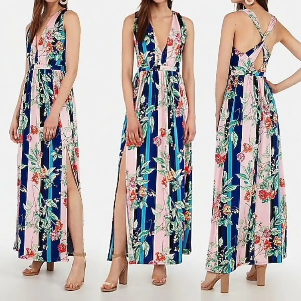 Express Printed Deep V Twist Back Maxi Dress Stripe Floral Size XS